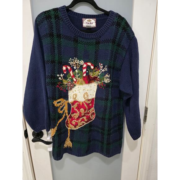 Tiara Blue Holiday Sweater Plaid Stocking Candy Cane Embroidery Sz 14/16 - Picture 1 of 6